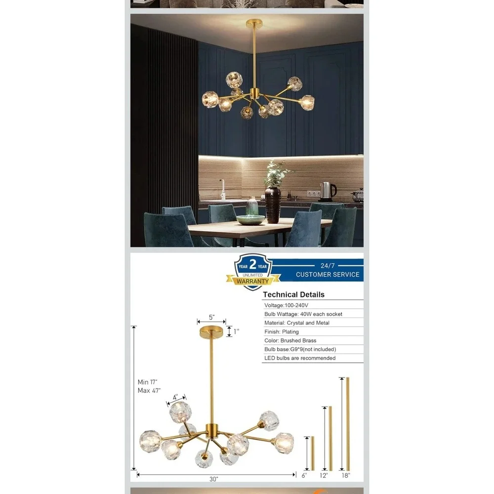 Modern 9-Light Crystal Chandelier in Gold - Perfect for Dining and Living Rooms